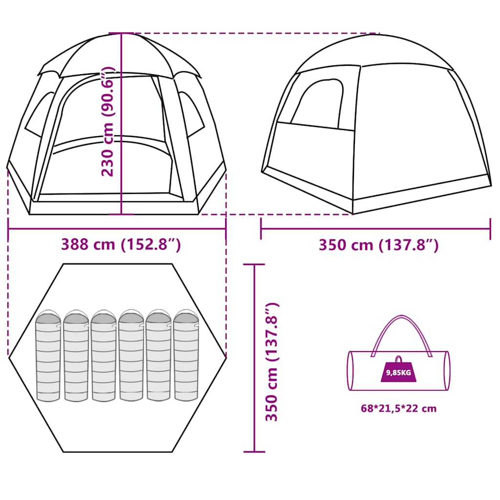 Detail van de vidaXL Familietent Iglo met afmetingen en indeling voor zes personen.