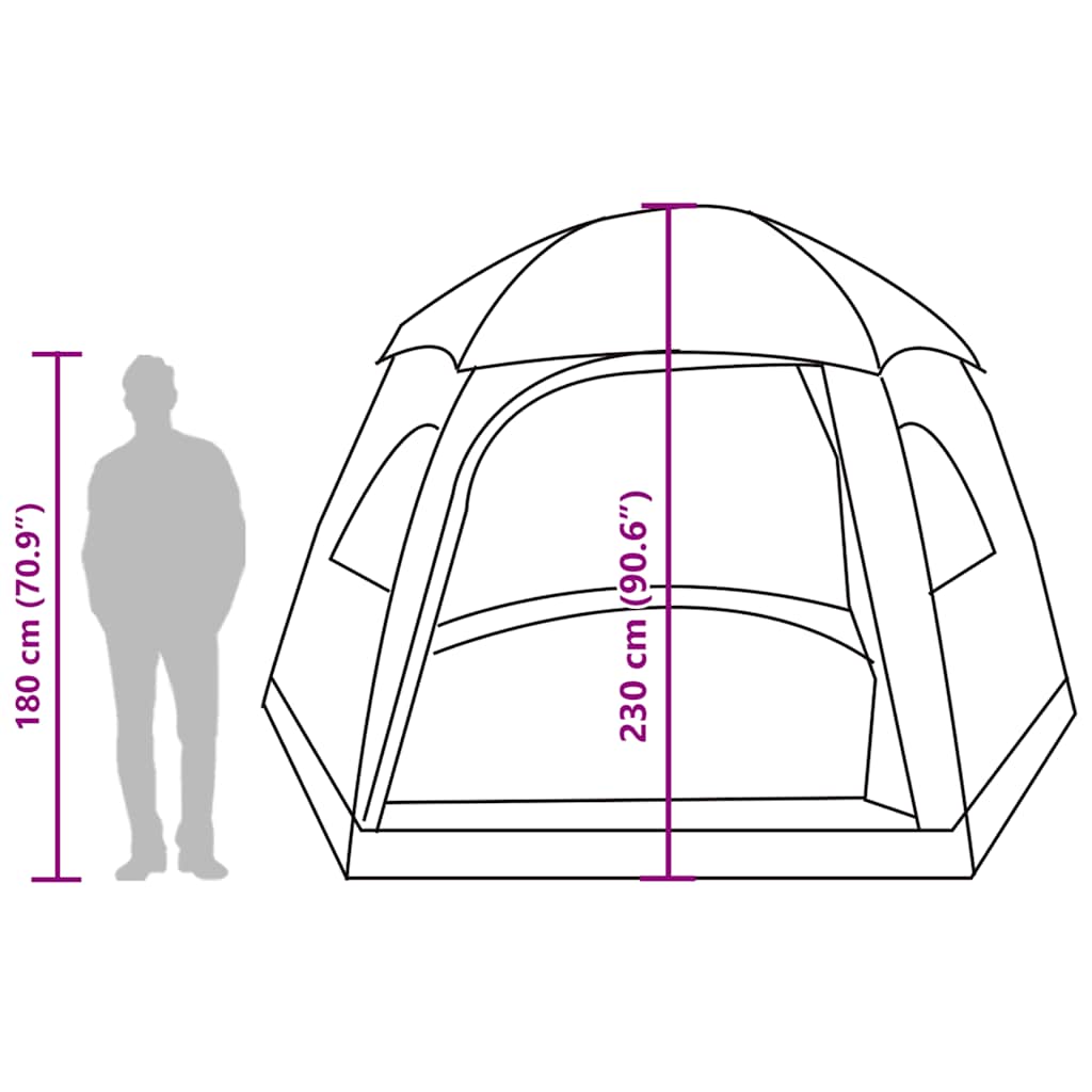 Zijaanzicht van de vidaXL Iglo 6-persoons tent met afmetingen en hoogte-informatie.