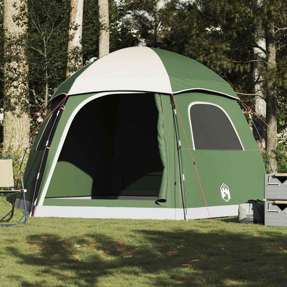 Detail van de groene vidaXL Familietent iglo met open ingang en schaduwrijke omgeving.