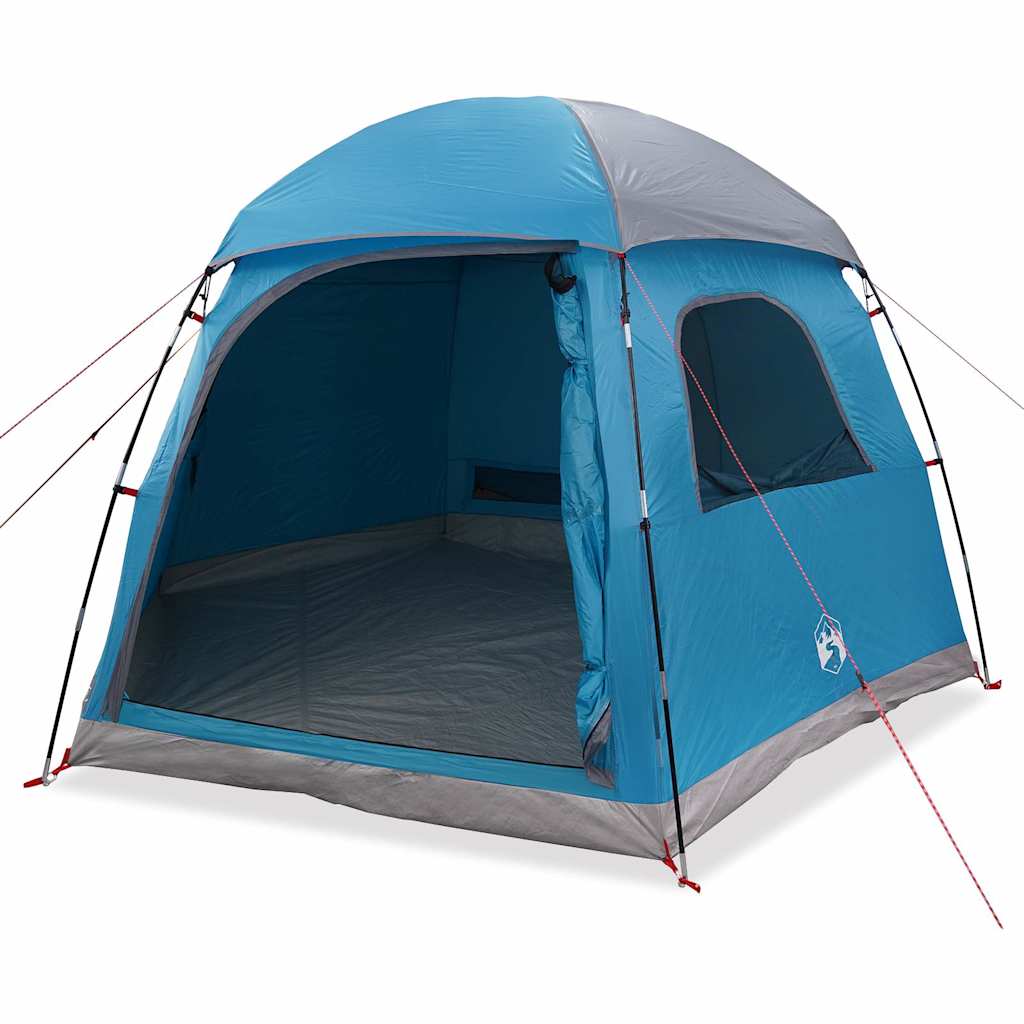 Detail van de vidaXL iglo familietent in blauw, met open ingang en ventilatierooster.