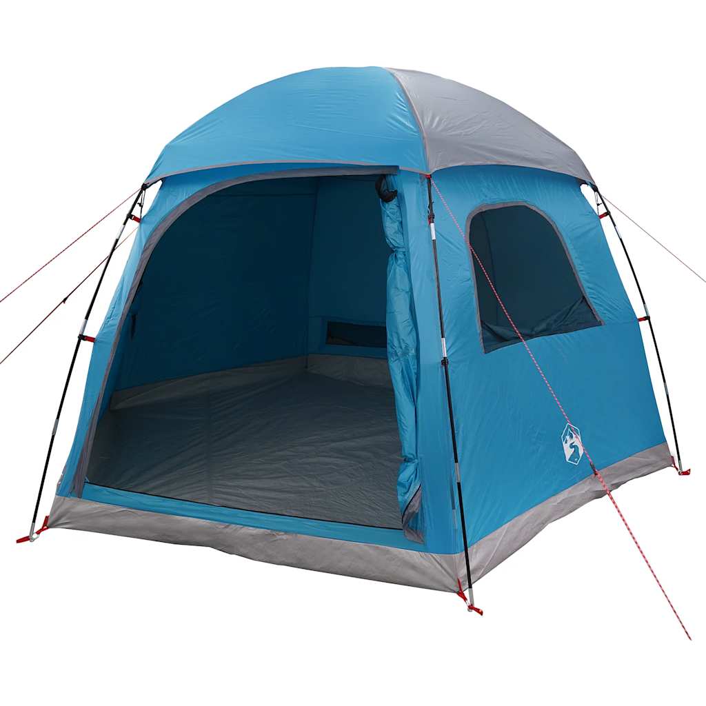 Detail van de vidaXL iglo familietent in blauw, met open ingang en zijvenster.