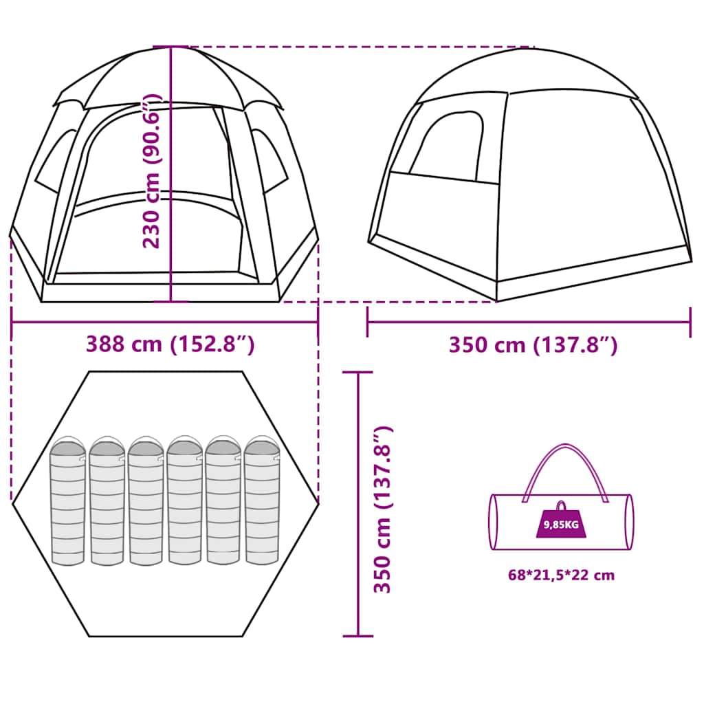 Detail van de vidaXL Familietent iglo met afmetingen en indeling voor zes personen.
