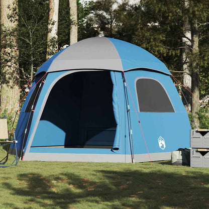 Zijaanzicht van de vidaXL iglo familietent in blauw, met open ingang en waterdichte stof.
