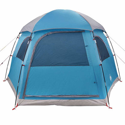 Detail van de vidaXL iglo familietent in blauw, met grote toegang en ventilatieroosters.