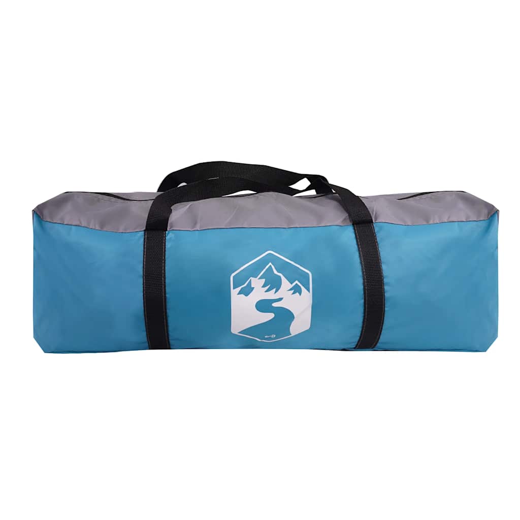Blauwe vidaXL iglo tent opgevouwen in een draagtas met logo aan de voorkant.