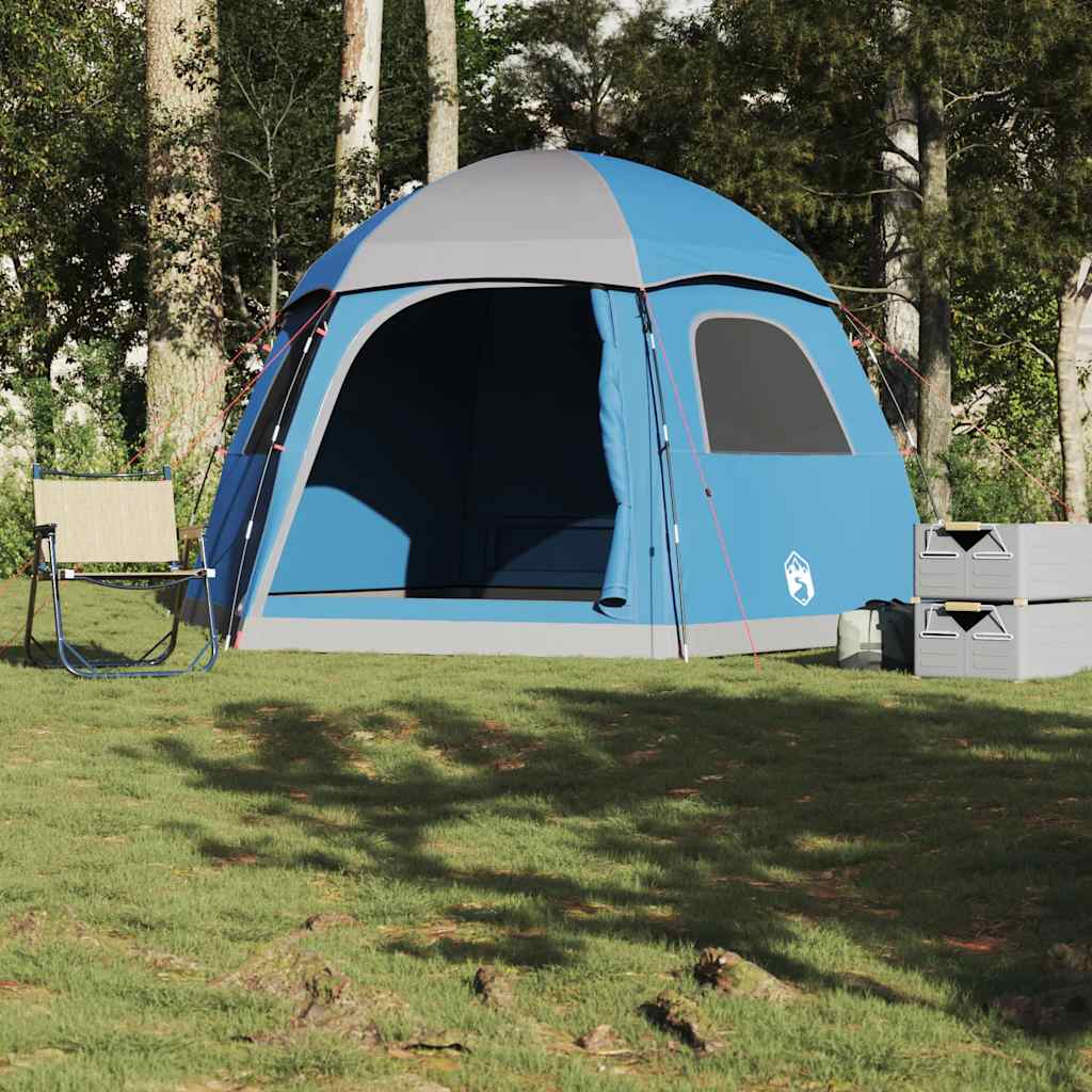 Blauwe vidaXL iglo familietent voor 6 personen, waterdicht en ruim in een bosrijke omgeving.