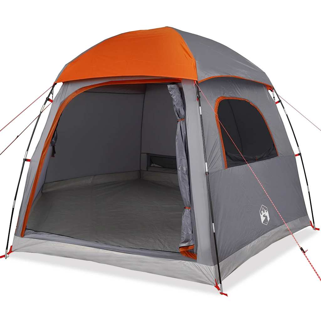 Zijaanzicht van de vidaXL iglo tent met grijze en oranje kleuren, geopend en klaar voor gebruik.