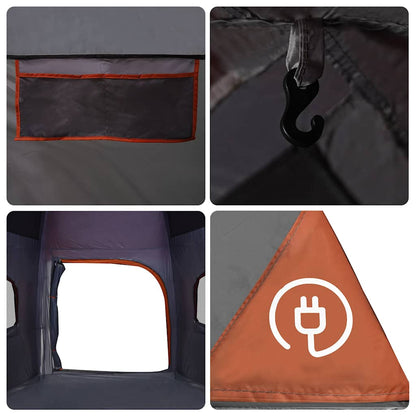 Detail van de vidaXL iglo tent met oranje accenten, haak en stopcontactopening.