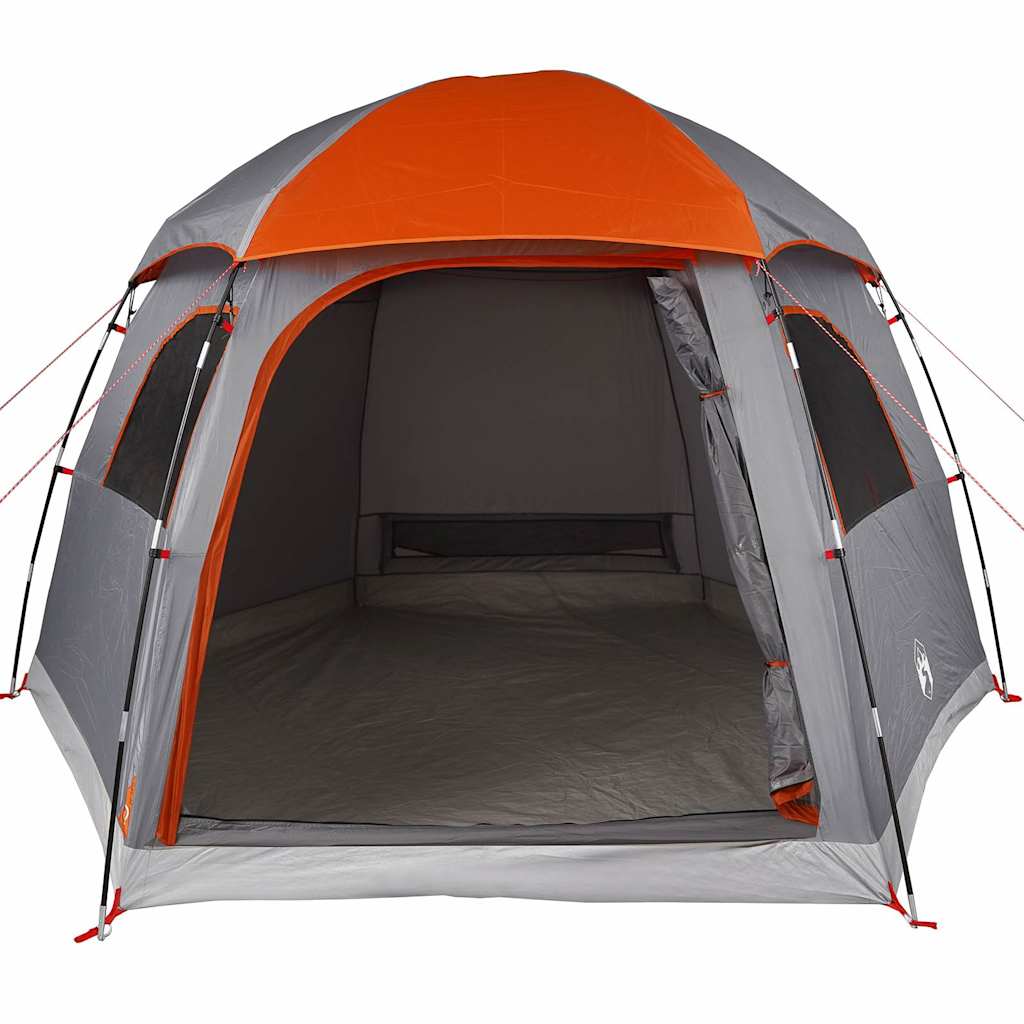 Zijaanzicht van de vidaXL iglo tent met grijze en oranje details, open ingang.