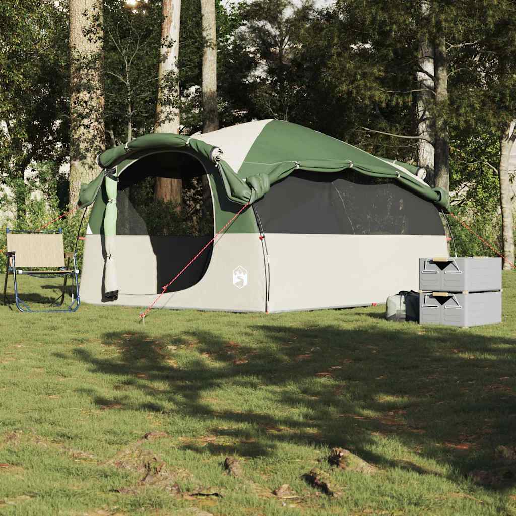 Detail van de vidaXL tunneltent in groen, met open ingang en opbergboxen ernaast.
