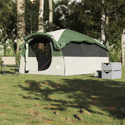 Detail van de vidaXL tunneltent in groen, met open ingang en opbergboxen ernaast.