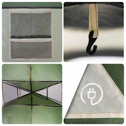 Detail van de binnenkant van de vidaXL tunneltent met opbergvakken en haak voor verlichting.