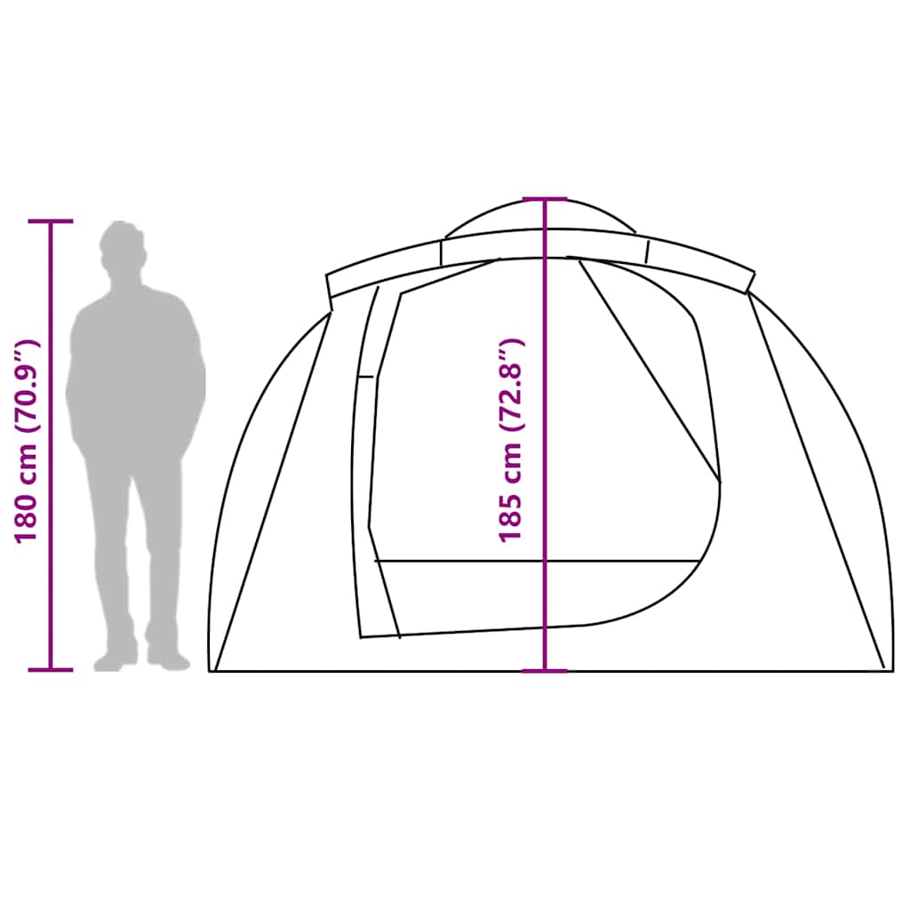 Tunneltent vidaXL 6-persoons met afmetingen en een silhouet van een persoon voor schaal.
