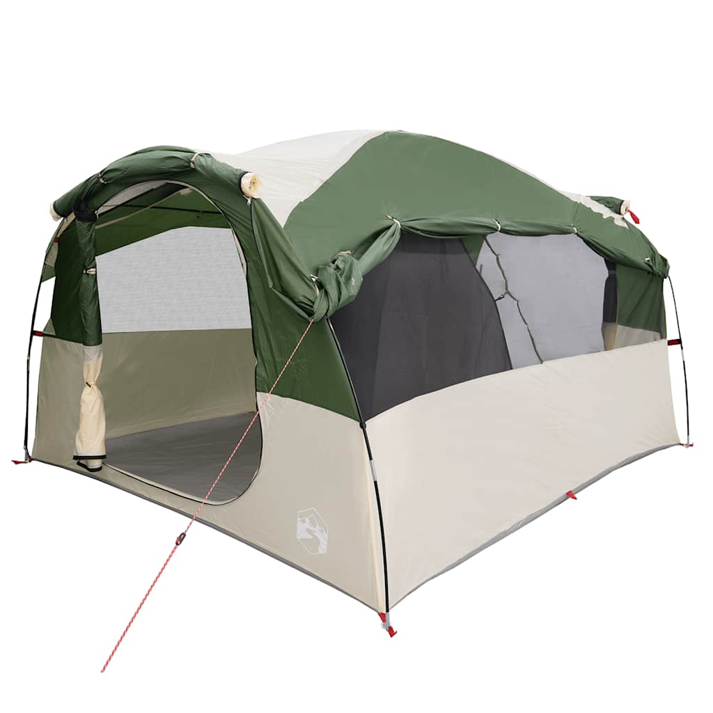 Detail van de vidaXL tunneltent in groen en beige, met zijopening en ventilatieroosters.