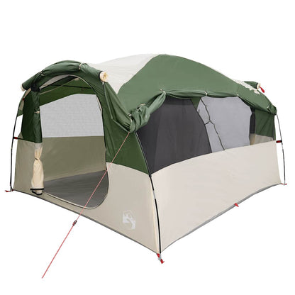 Detail van de vidaXL tunneltent in groen en beige, met zijopening en ventilatieroosters.