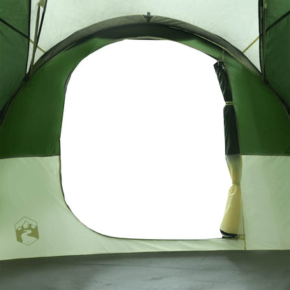 Detail van het grote raam van de vidaXL tunneltent, met groene en beige randen.