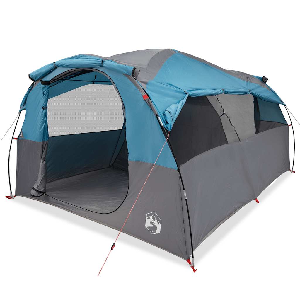 Detail van de vidaXL tunneltent in blauw en grijs, met open ingang en ventilatienet.