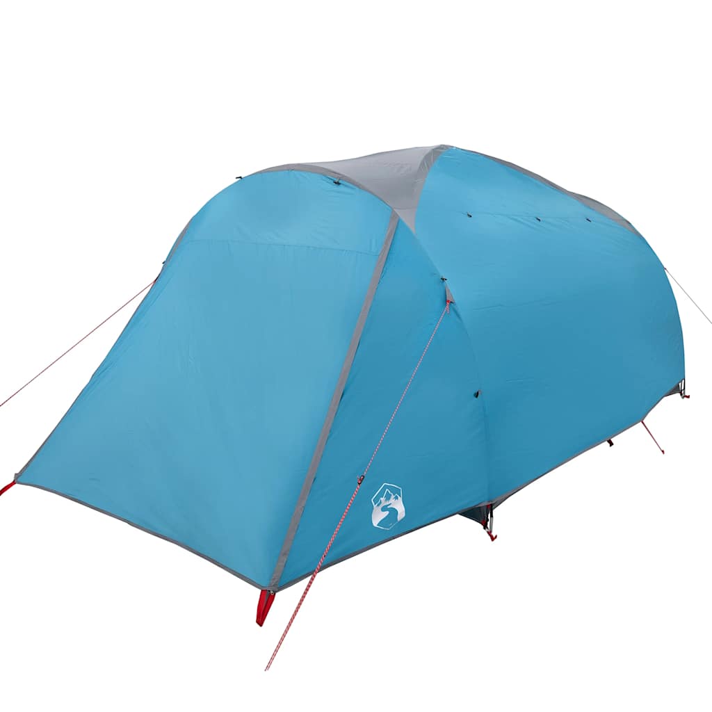 Zijaanzicht van de vidaXL tunneltent in blauw, met waterdichte polyester en flexibele stokken.