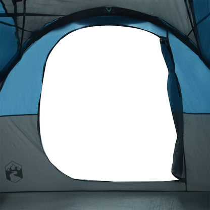 Detail van de ingang van de vidaXL tunneltent met blauwe en grijze kleuren.