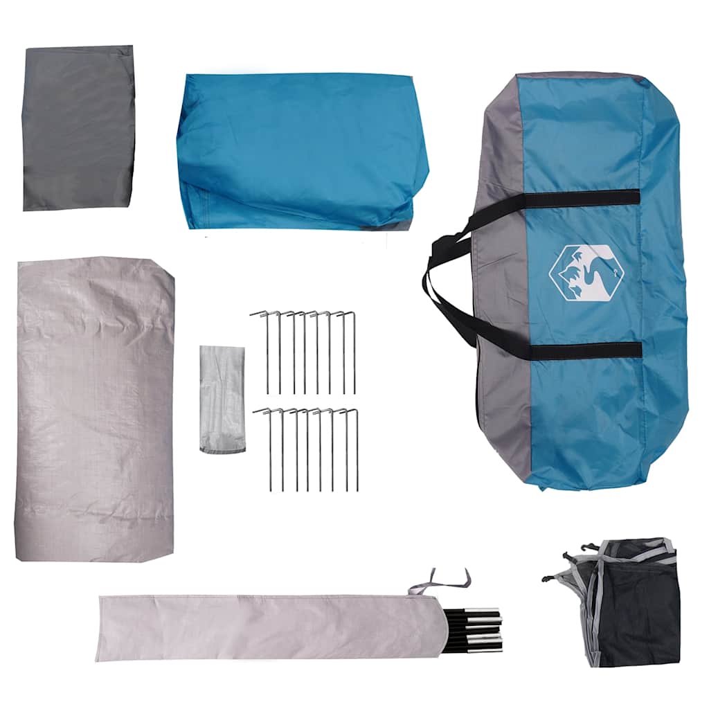 Detail van de accessoires van de vidaXL Tunneltent, inclusief haringen en stokken in blauwe tas.