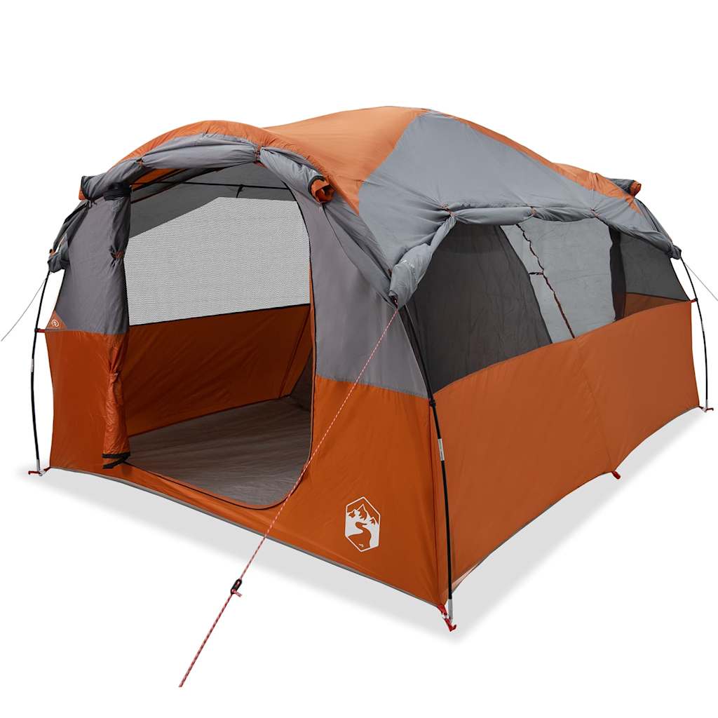 Detail van de vidaXL tunneltent in grijs en oranje, met open ingang en ventilatieroosters.