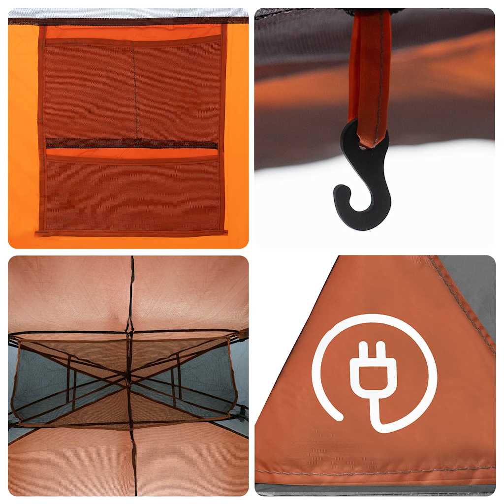 Detail van de E-poort en opbergvakken in de vidaXL tunneltent, grijs en oranje.