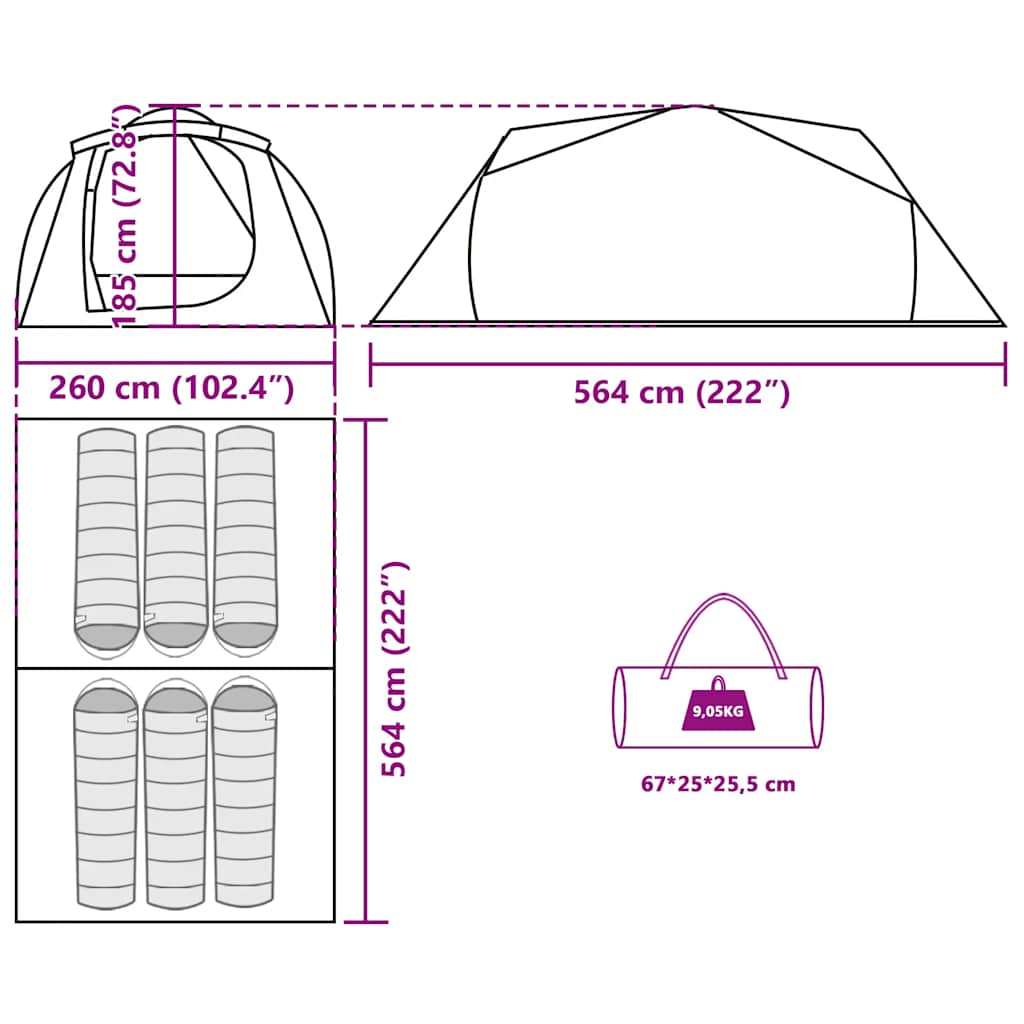 Detailtekening van de vidaXL tunneltent met afmetingen en indeling voor 6 personen.