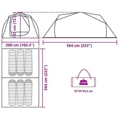 Detailtekening van de vidaXL tunneltent met afmetingen en indeling voor 6 personen.