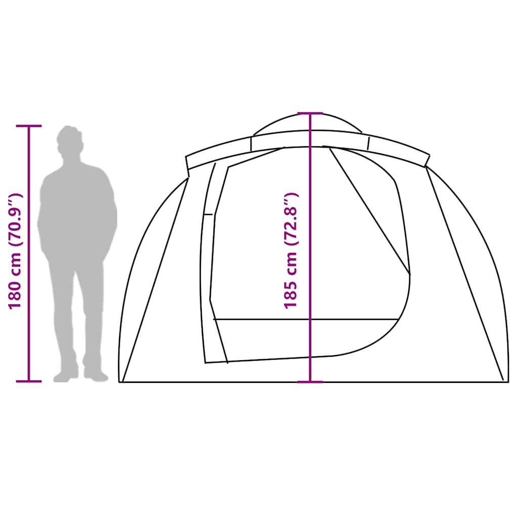 Zijaanzicht van de vidaXL tunneltent met afmetingen en ingangen weergegeven.
