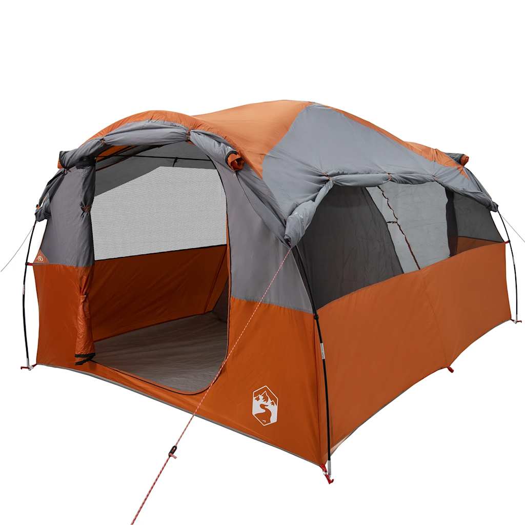 Detail van de vidaXL 6-persoons tunneltent in grijs en oranje met open ingang.