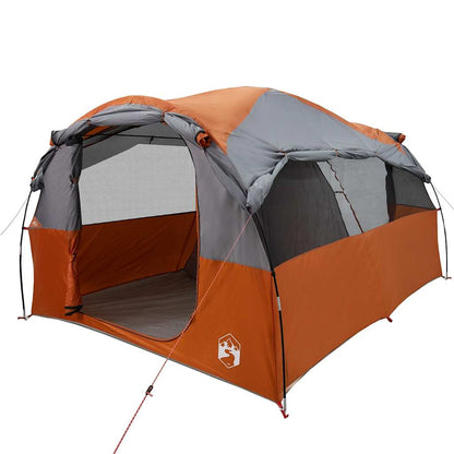 Detail van de vidaXL 6-persoons tunneltent in grijs en oranje met open ingang.