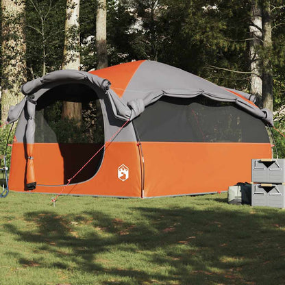 Grijze en oranje vidaXL tunneltent voor 6 personen, waterdicht en ruim opgezet in de natuur.