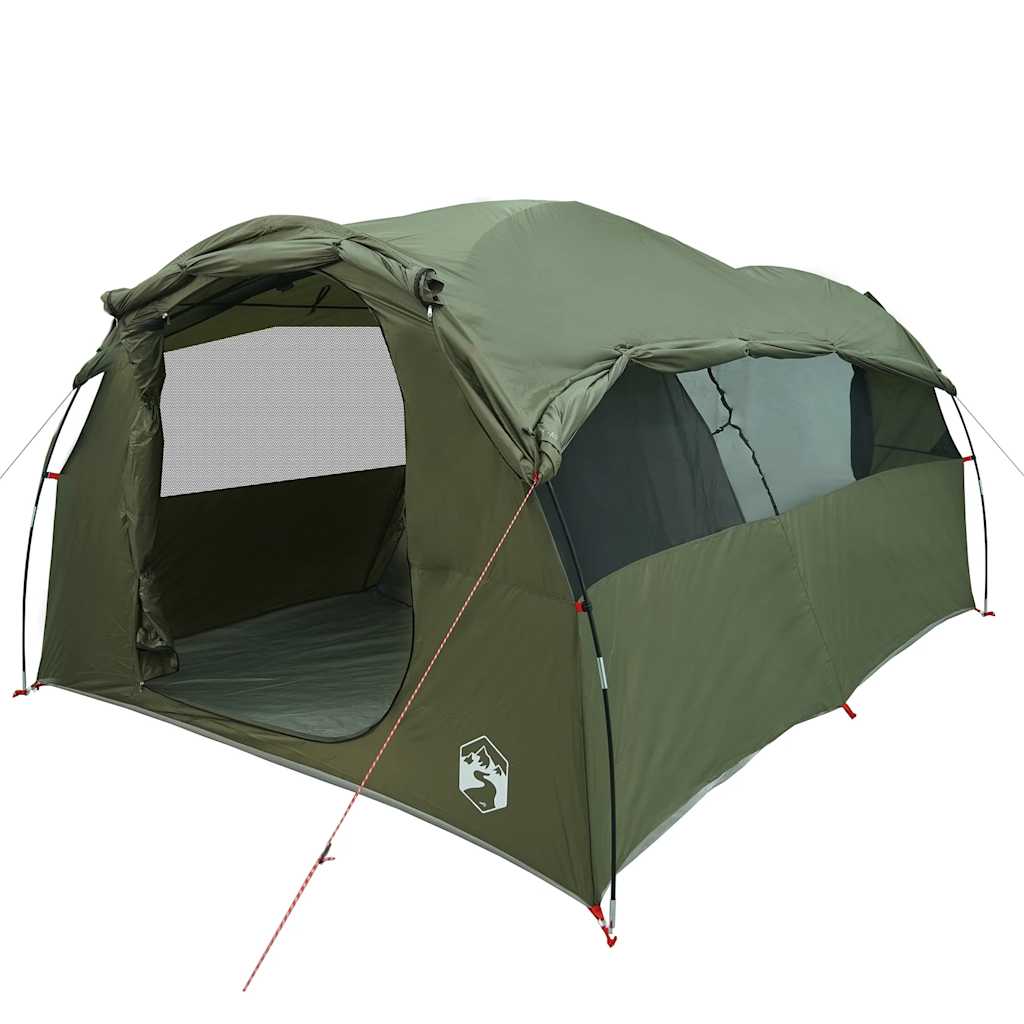 Detail van de olijfgroene vidaXL tunneltent met open ingang en ventilatierooster.