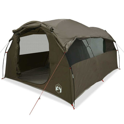 Detail van de vidaXL 6-persoons tunneltent in bruin met ruime ingang en ventilatieroosters.
