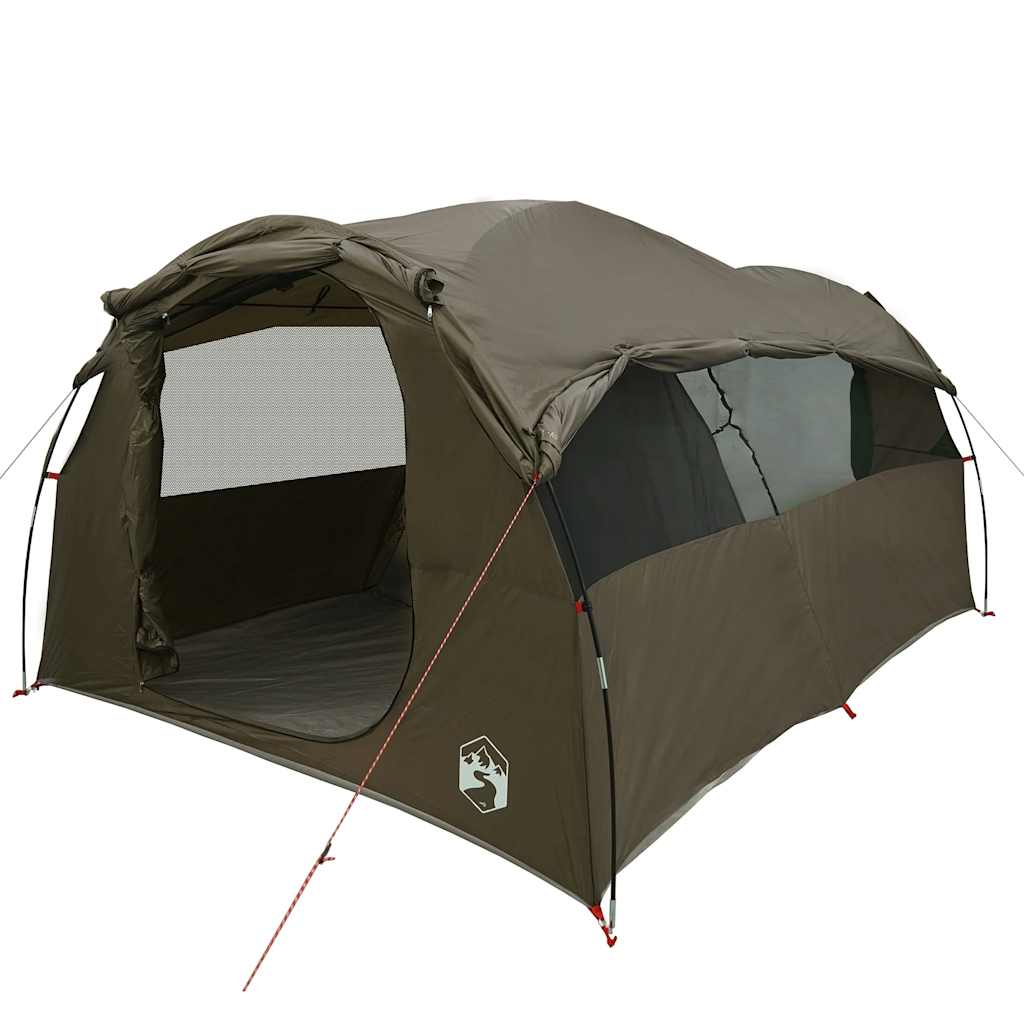 Detail van de vidaXL tunneltent met open ingang en ventilatierooster, bruin kleur.