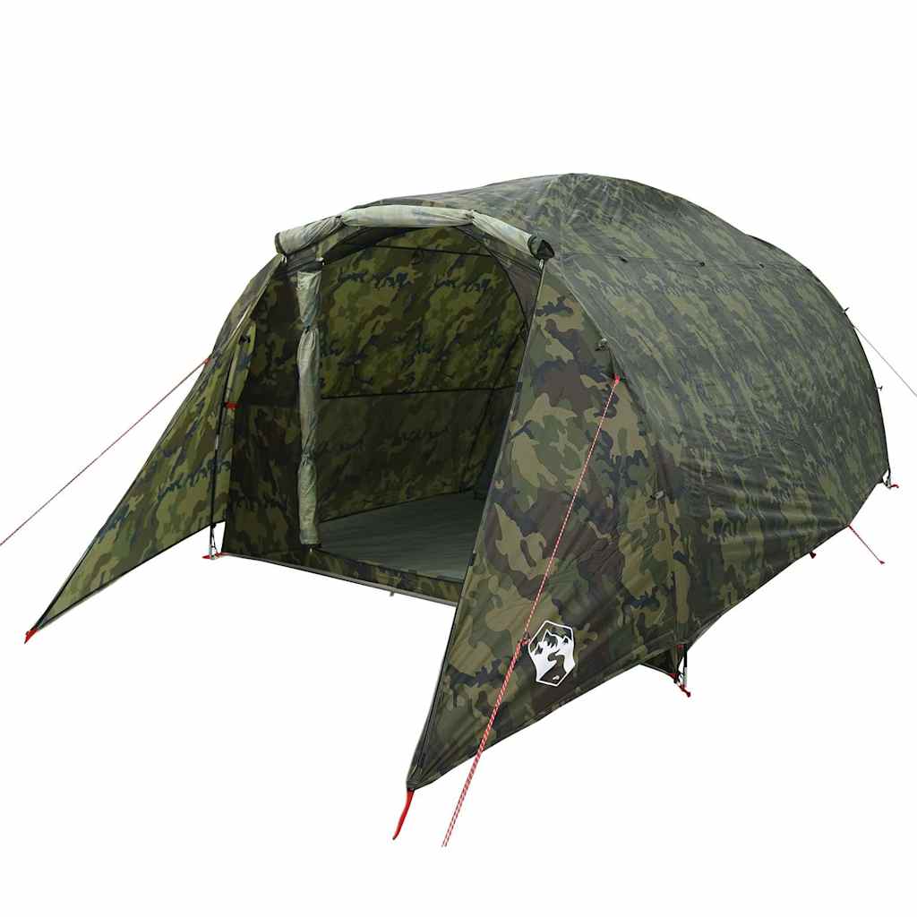 Zijaanzicht van de vidaXL 6-persoons camouflage tunneltent met open ingang.
