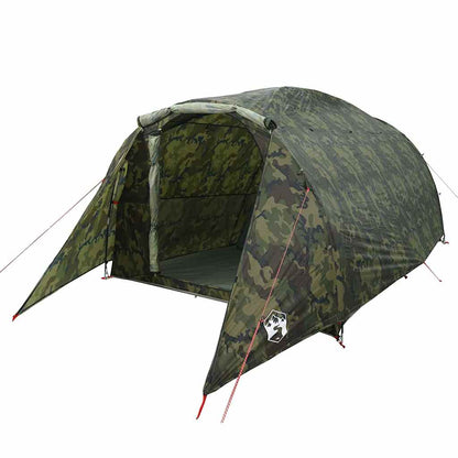Zijaanzicht van de vidaXL 6-persoons camouflage tunneltent met open ingang.