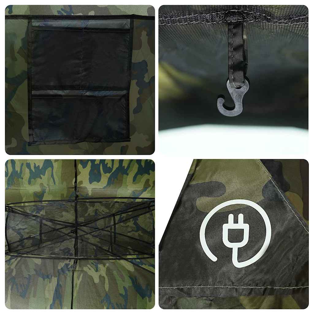 Detail van de camouflage binnenkant van de vidaXL tunneltent met opbergvak en haak.