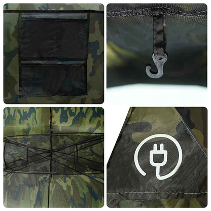 Detail van de camouflage binnenkant van de vidaXL tunneltent met opbergvak en haak.