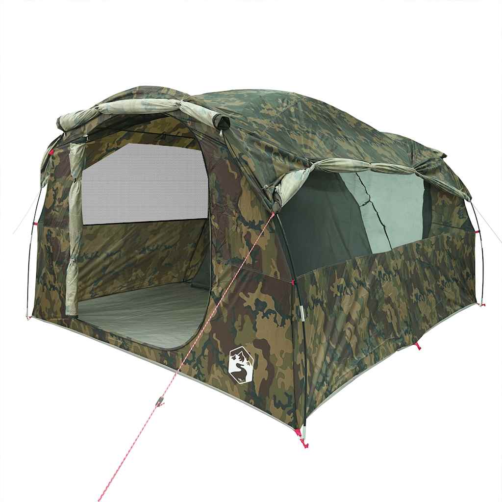 Detail van de vidaXL 6-persoons tunneltent in camouflage met open ingang en ventilatierooster.