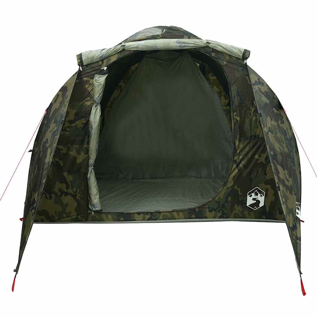 Detail van de vidaXL tunneltent in camouflage, met open ingang en groene binnenkant.
