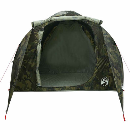Detail van de vidaXL tunneltent in camouflage, met open ingang en groene binnenkant.