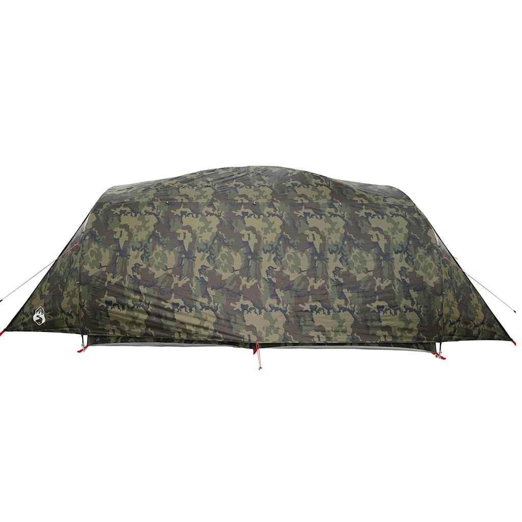 Zijaanzicht van de vidaXL 6-persoons camouflage tunneltent, waterdicht en aerodynamisch ontwerp.