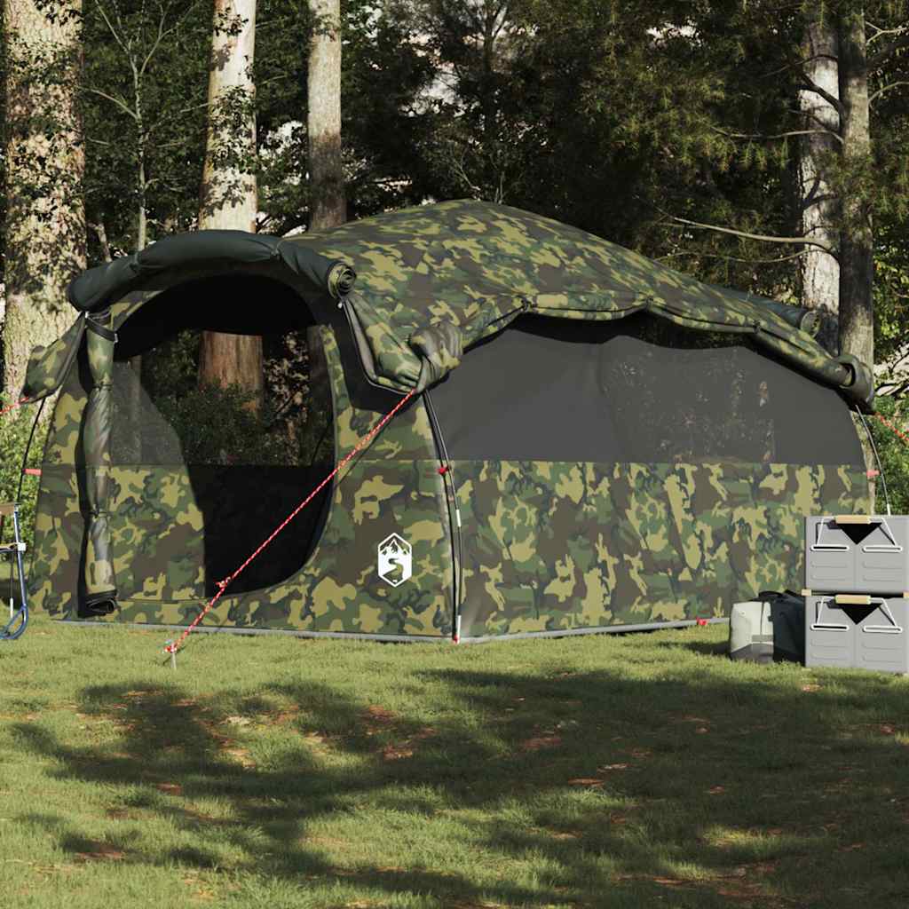 Tunneltent vidaXL 6-persoons camouflage, waterdicht en ruim in een groene omgeving.