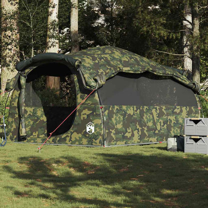 Tunneltent vidaXL 6-persoons camouflage, waterdicht en ruim in een groene omgeving.