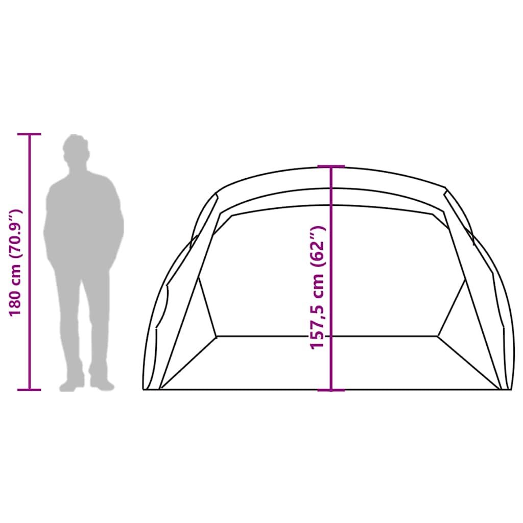 Zijaanzicht van de vidaXL strandtent met afmetingen en silhouet van een persoon.