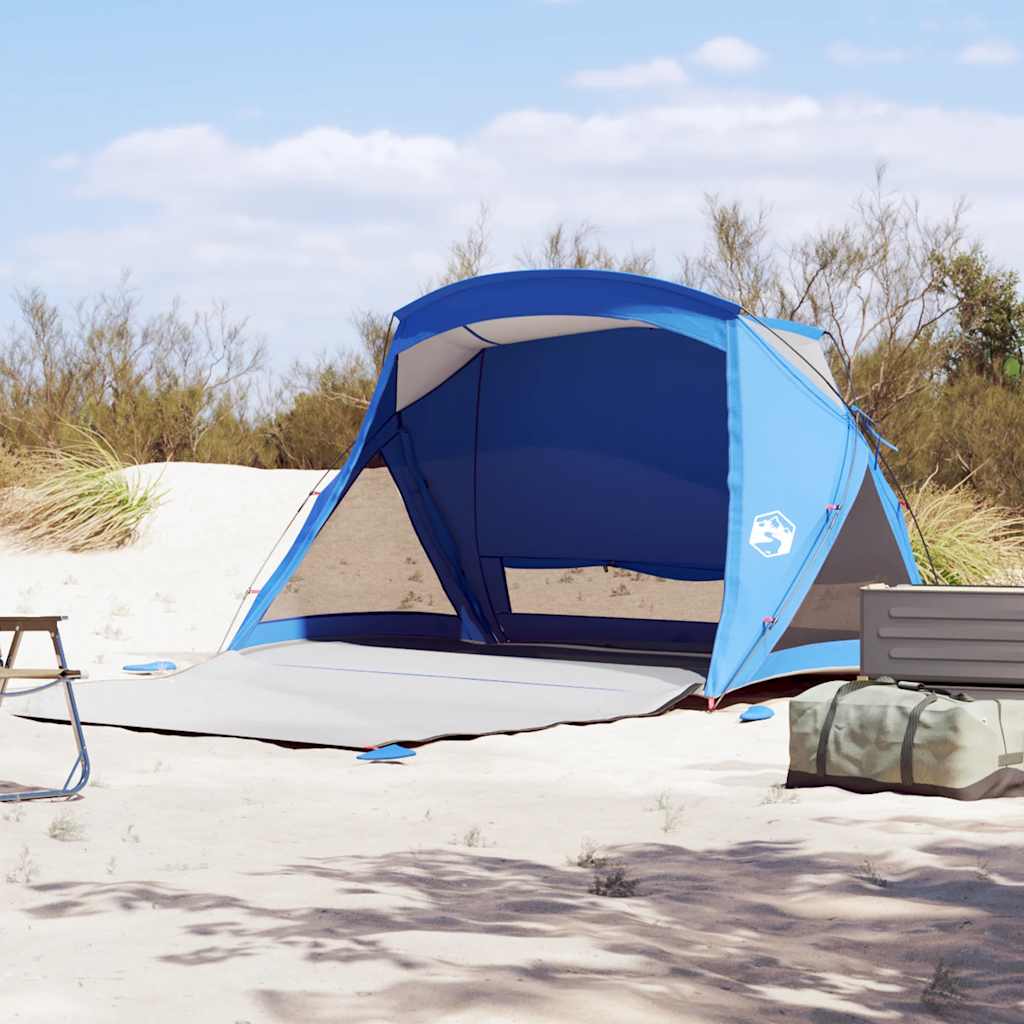Detail van de azuurblauwe vidaXL strandtent met gaas zijwanden op het strand.