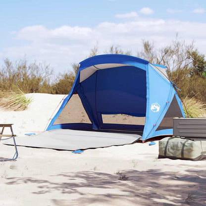Detail van de azuurblauwe vidaXL strandtent met gaas zijwanden op het strand.