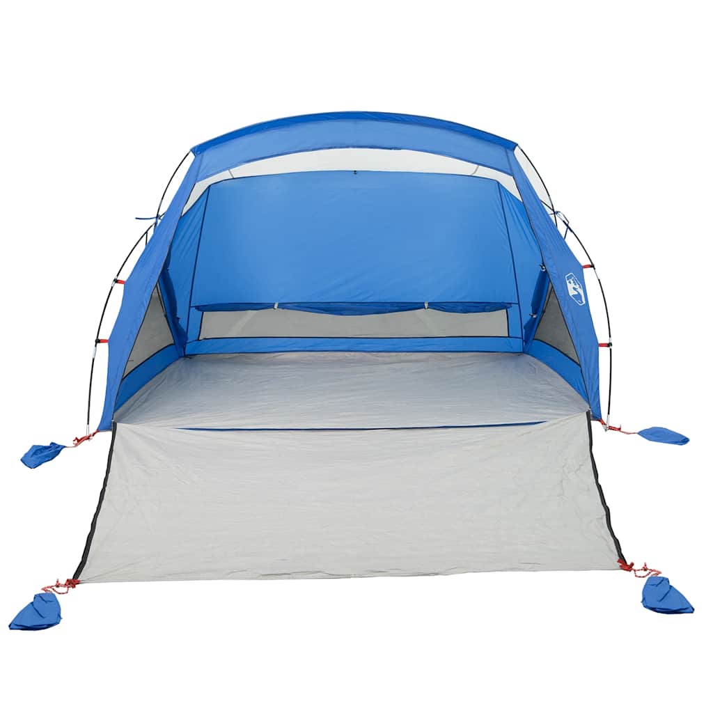 Detail van de azuurblauwe vidaXL strandtent met open voorkant en gaas zijwanden.