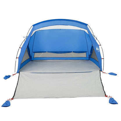 Detail van de azuurblauwe vidaXL strandtent met open voorkant en gaas zijwanden.